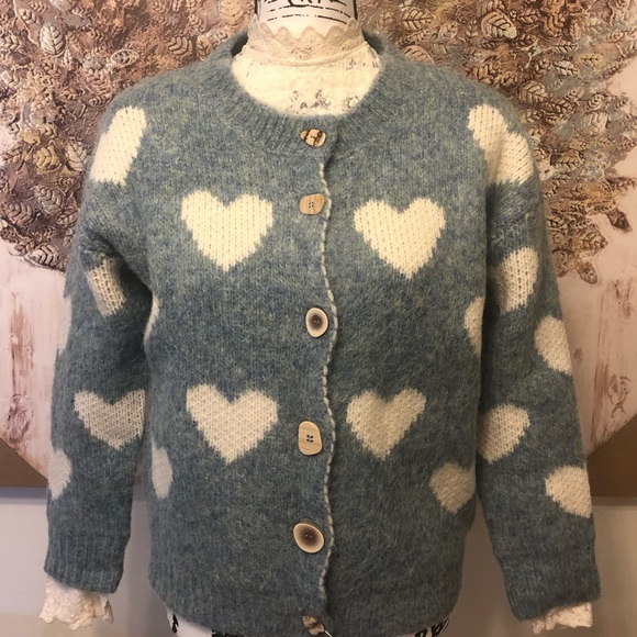 Cardigan sweater heart blue knit button womens winter thick sweater Long sleeve - Picture 8 of 9